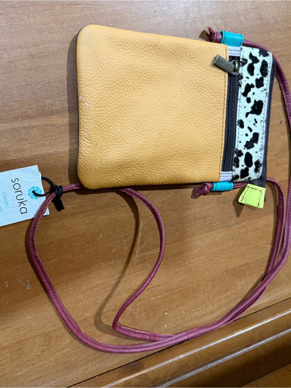 Mustard Yellow Leather Crossbody Bag with Cow Print Accent